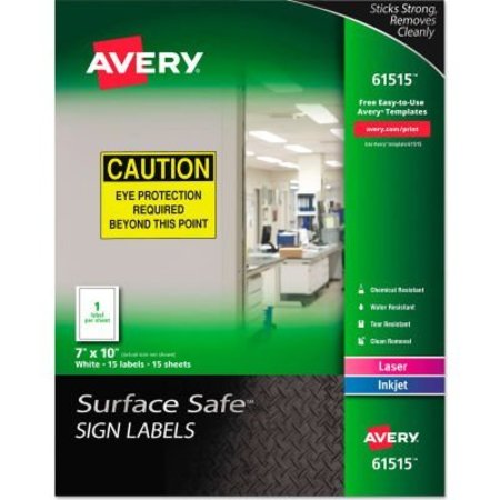 AVERY DENNISON Avery Surface Safe Sign Labels, 7in x 10in, White, 15/Pack 61515